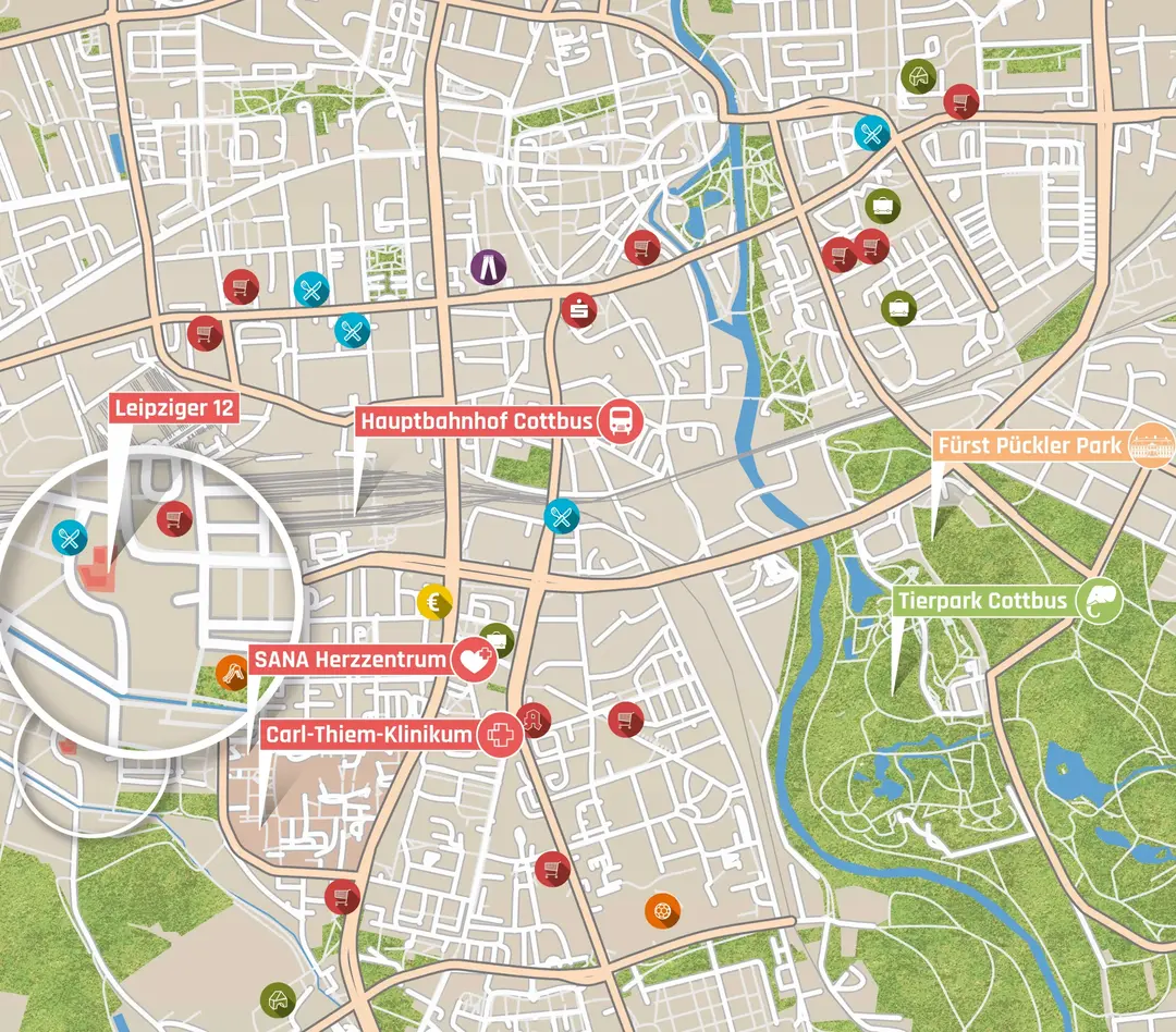 Stadtkarte von Cottbus mit Lage des Wohnquartiers Lebensglück nahe Hauptbahnhof